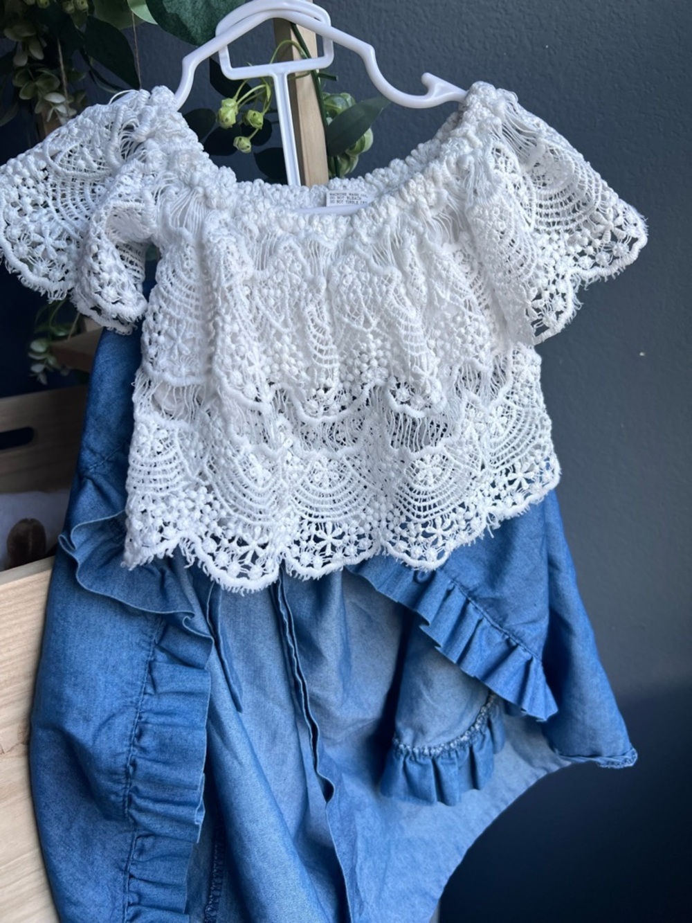 White Crochet Top & Blue Denim Skirt Kids Matching Set